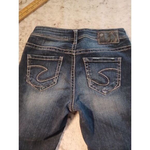 Silver Jeans Aiko Kick Flare Embroidered Denim Dark Wash Crop Jeans 25 - Picture 3 of 8